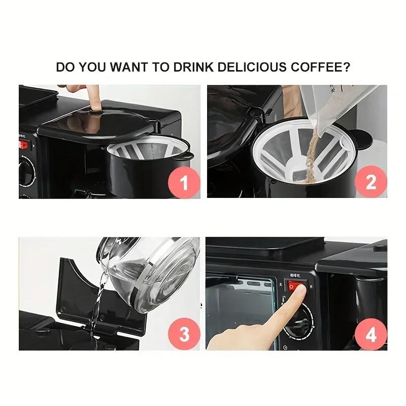 3-в-1 Завтрак Maker Домашняя мини электрическая печь хлебопечка, 600 мл капельная кофемашина, антипригарная сковорода, может жарить стейк на гриле