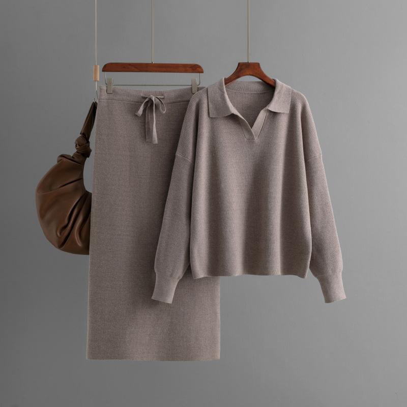 Women's Fashion Casual Loose Knitted Skirt Set Autumn Winter POLO Collar Long Sleeve Pullover Lace Up SKirt 2-Piece Sets