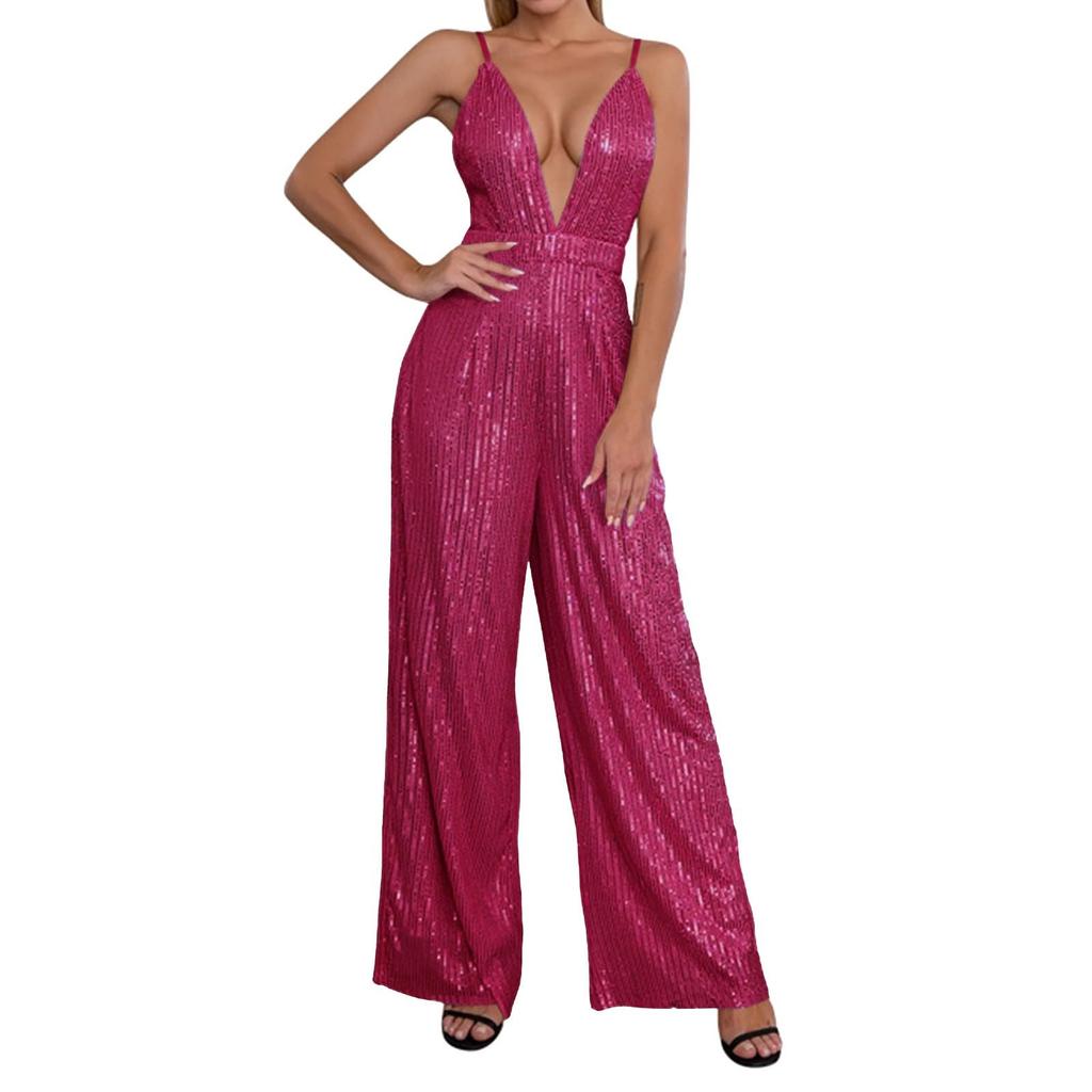 Женский модный повседневный комбинезон с V-образным вырезом, открытой спиной, без рукавов, с пайетками, однотонный