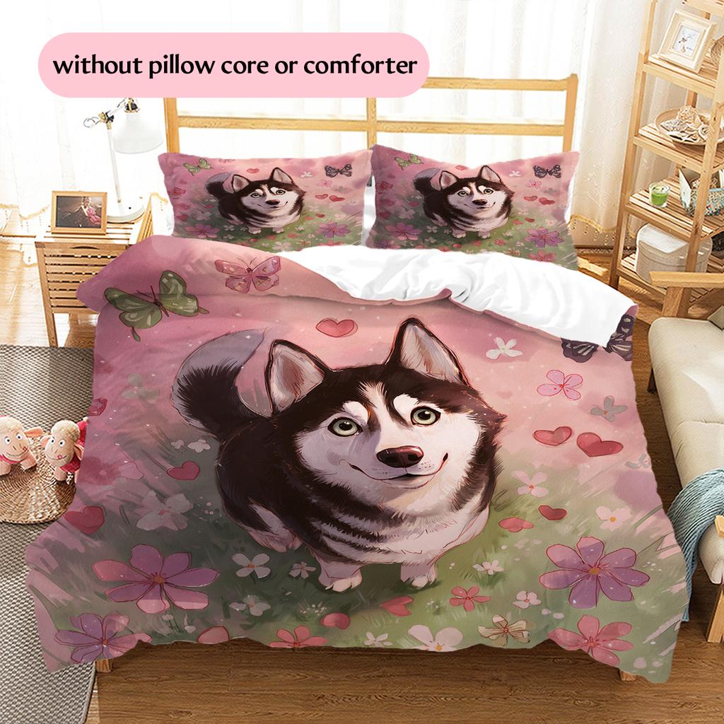 Cartoon Husky Pattern Bedding Home Decoration Birthday Gift (1 * duvet cover + 2 * pillowcase, without core)