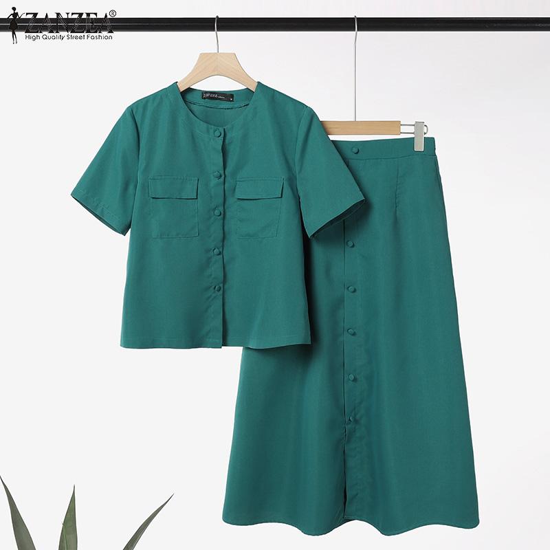 ZANZEA Женские летние комплекты из двух частей: блузка с коротким рукавом и длинные юбки