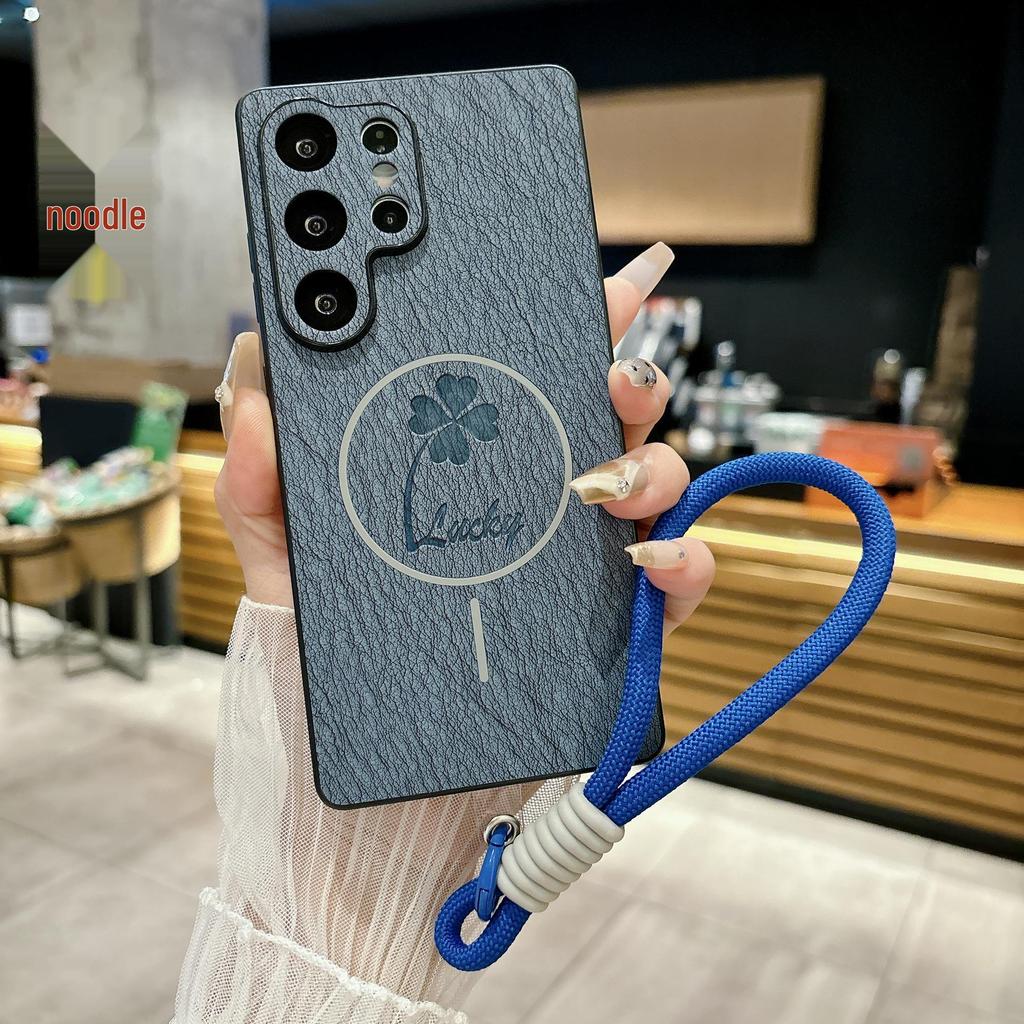 Samsung S25ULTRA Кожаный Магнитный Чехол-Книжка с Четырехлистником - Совместим с S24FE/S23p, Полное Покрытие, Защита от Падений.