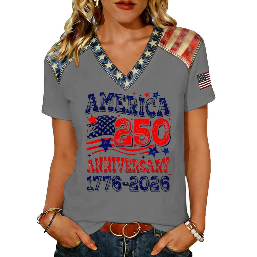 Женская повседневная футболка с V-образным вырезом, коротким рукавом, пуловер, топ с принтом американского флага, графическая футболка к 250-летию, легкая, удобная