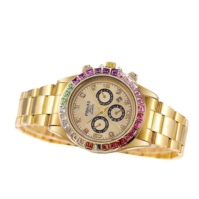 Waterproof Luxury Colored Diamonds Men'S And Women'S Fake Three-Eye Steel Belt Calendar Quartz Watch Gifts Fashion Hand Performance