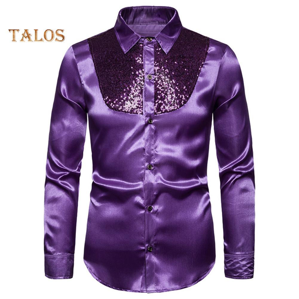 Men Solid Color Long Sleeve Shiny Sequins Buttons Stage Business Nightchlub Shirt