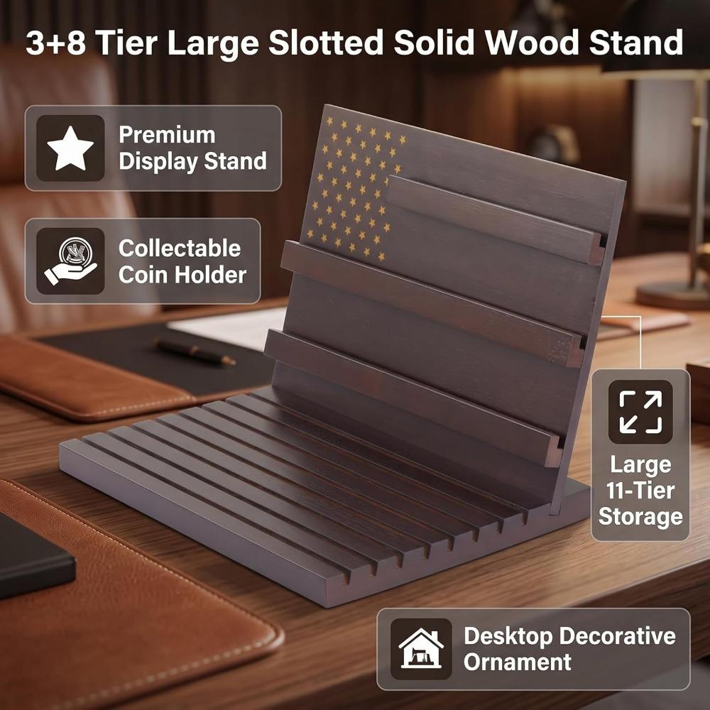 Solid Wood Challenge Coin Holder Multi Tier Wooden Coin Cabinet Collector Coin Case Office Decor