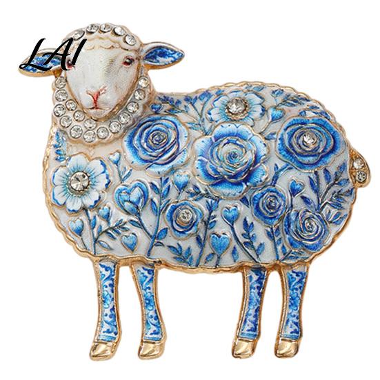Lamb Brooch Pin Rhinestone Floral for Women Flower Sheep Alloy Lapel Decorative Pin Animal Jewelry Clothing Suits Scarves Bags