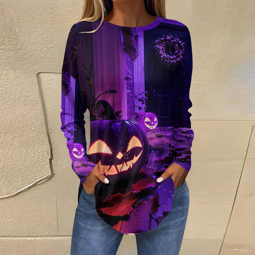 Женская свободная футболка с длинным рукавом с круглым вырезом и принтом, верхний пуловер