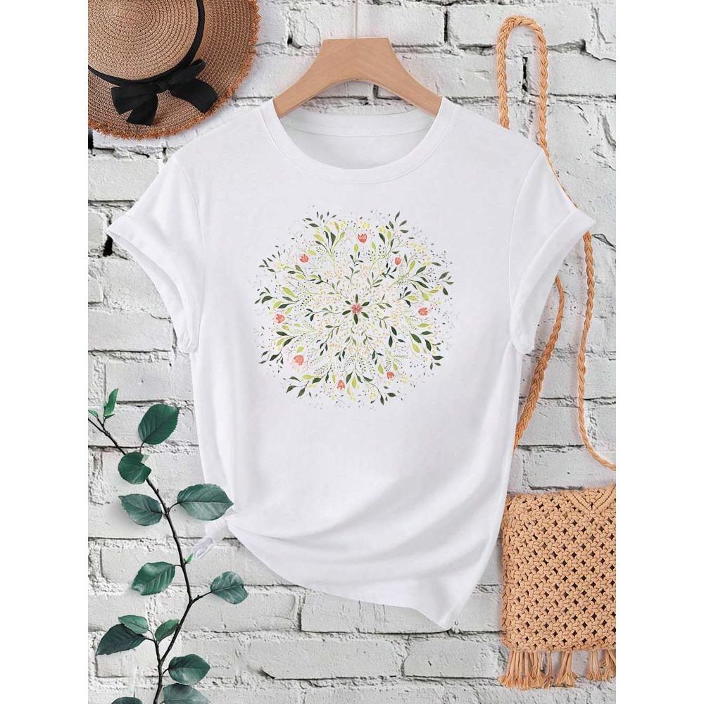 Floral Mandala Print Women Fashion T Shirt Summer Short Sleeves O Neck Y2K Tops Tee Female 90s Casual Clothing
