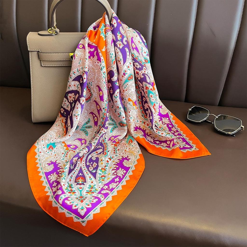 Retro Cashew Floral Print Silk Square Scarfs for Women 70*70cm Hijab Decorate Neckerchief Female Neck Ties Soft Satin Hairband