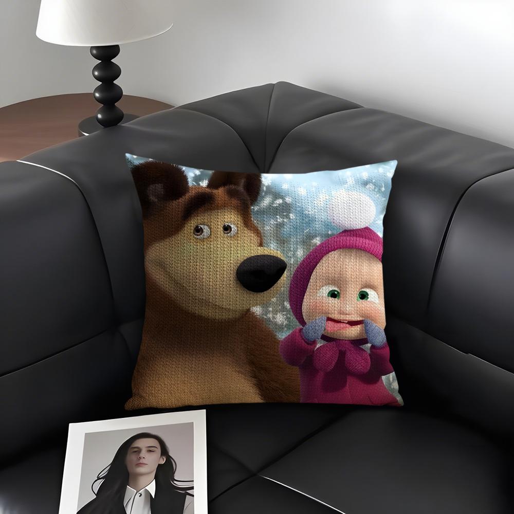 MMasha And The BearR Cartoon Cushion Cover Natural Linen Organic Fabric DoubleSided Printing Sofa Home Decor Gift Pillow Case