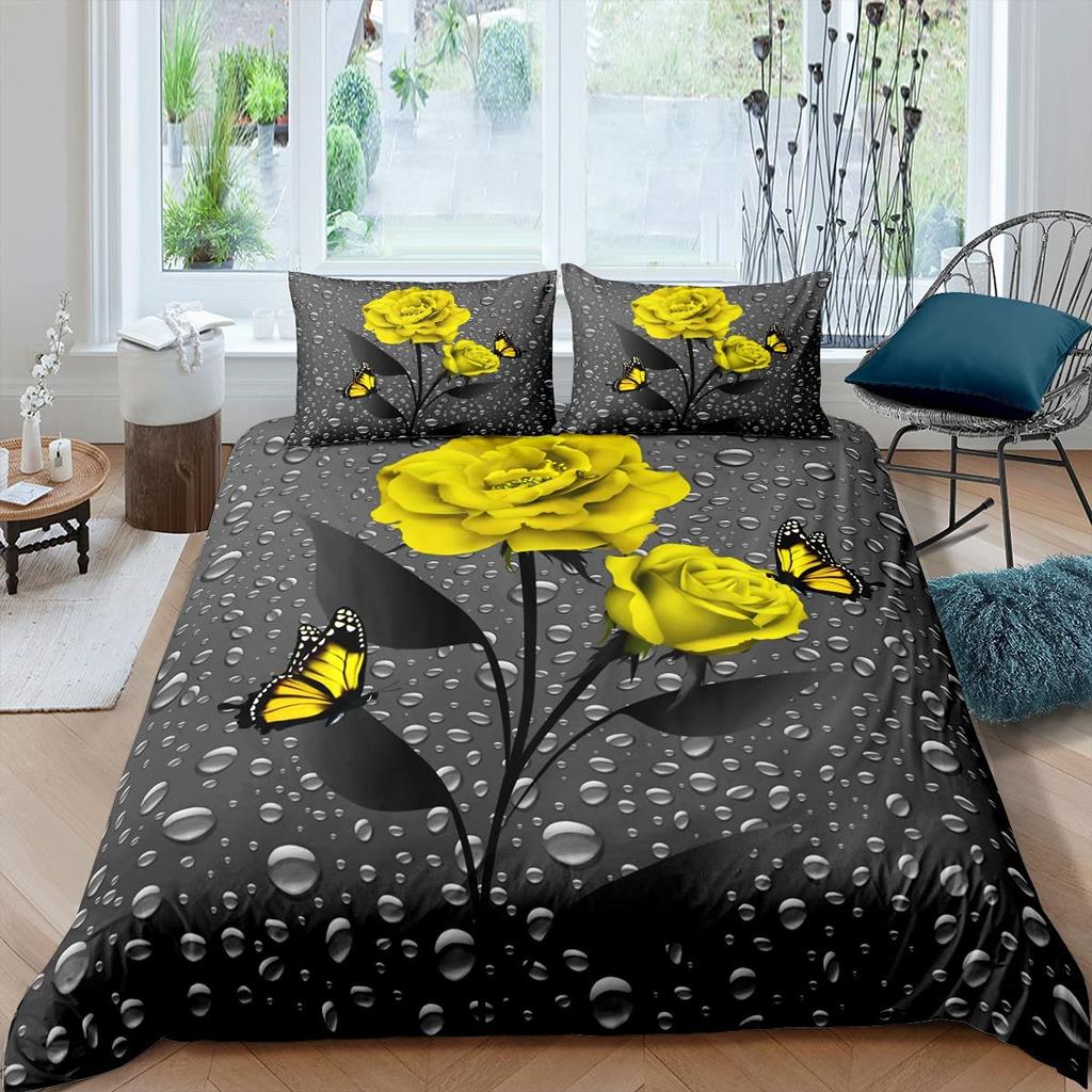 Пододеяльник с розами, женский шикарный комплект постельного белья с фиолетовым цветочным принтом, романтические цветы, блестки, королевского размера, покрывало для пар