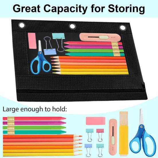 Пенал большой емкости с 3 кольцами, прозрачным окошком, застежкой-молнией и ручкой