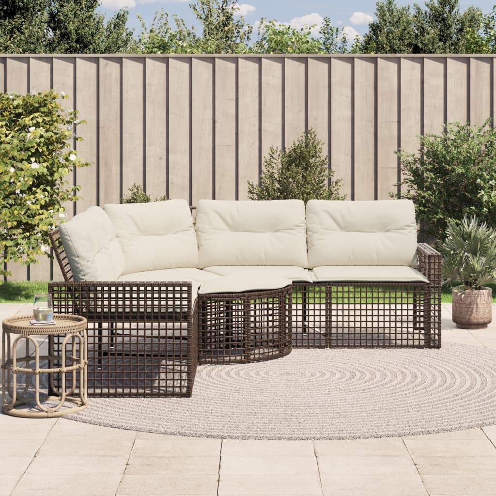 L shaped Garden Sofa with Cushions and Footstool Brown Poly Rattan