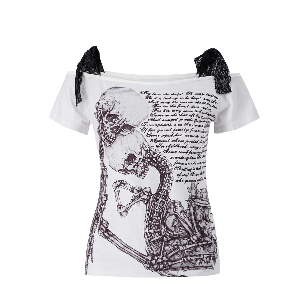 Women Fashion Wild Gothic T-Shirts Skull Letter Print Off-Shoulder Boat-Neck Short Sleeve Tops Summer Slim Fit Streetwear