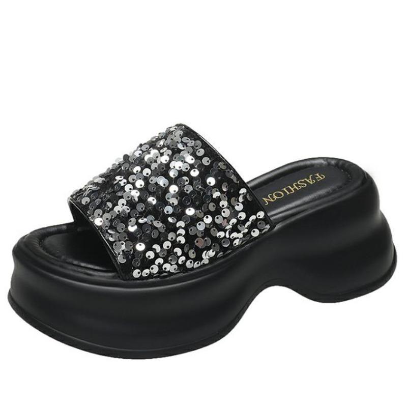 Fashion 7CM Bling Platform Wedge Slippers Women New Summer Shoes Outdoors Breathable Slides Beach Leather Flip Flops Shoe Chunky Sandals