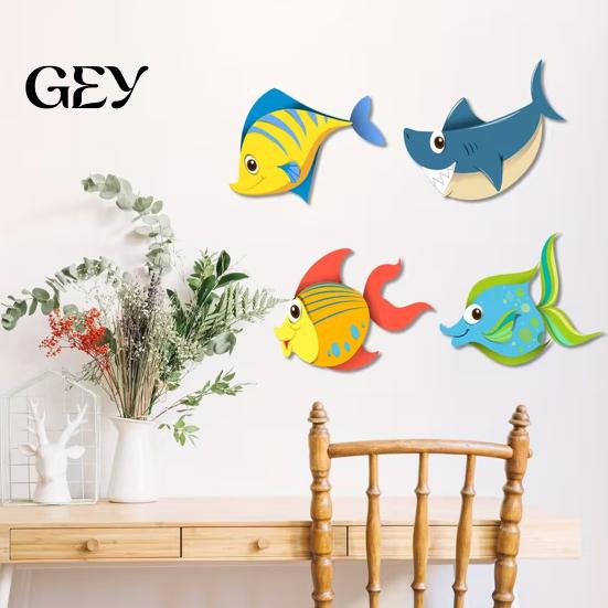 Hand-painted Marine Art 4 Pcs Wood Fish Nautical Wall Decor, Ocean Shark Rustic Colorful Ornament Hanging Beach Cartoon Coastal for Living Room,