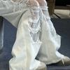 Летние белые потертые прямые джинсы для женщин - свободный дизайн - кружевные ажурные вставки, утягивающие универсальные широкие брюки