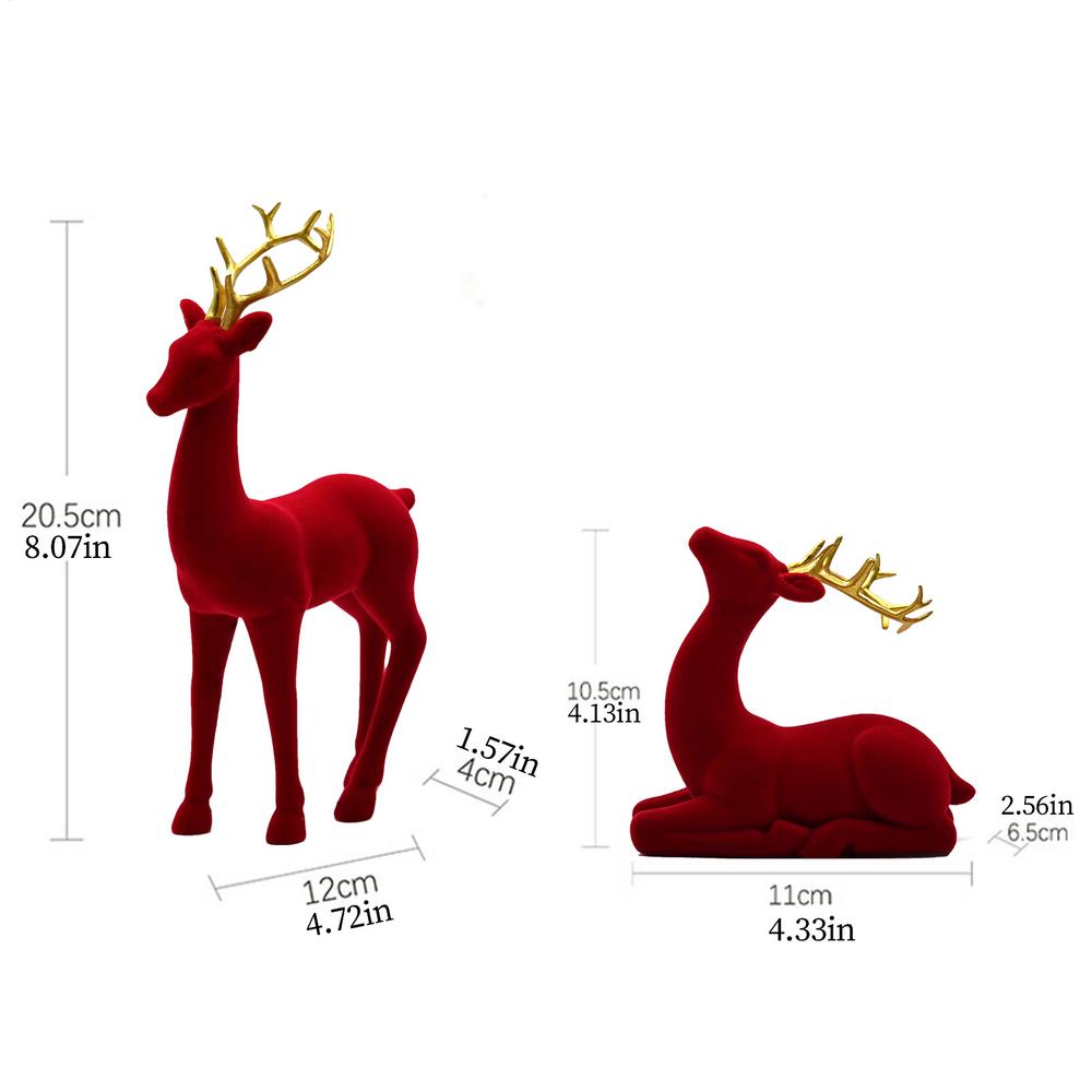 Reindeer Christmas Decor Flocking Deer Statue 2 Pieces Standing Sitting Sculpture Red Green Aesthetic Elk for Party Bedside