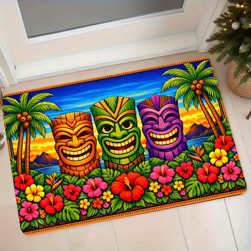 1pc Hawaiian Tiki Tropical Palm Tree Floor Mat Suitable for Entryway, Bathroom, Bedroom - Non-Slip Machine Washable with Tiki Statues & Palm, Soft Sui