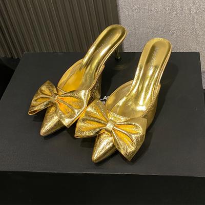 Туфли-мюли женские с острым носком и бантом, на высоком каблуке-шпильке, сексуальные лодочки, летние босоножки с ремешком на пятке 2025 Mujer Zapatillas