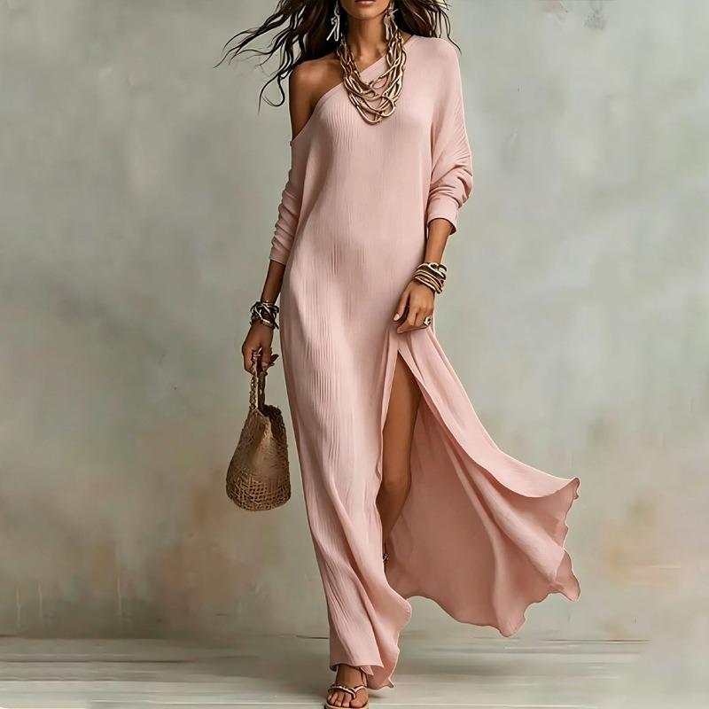 Women S Off Shoulder Slit Solid Fitted Long Dress Street Style