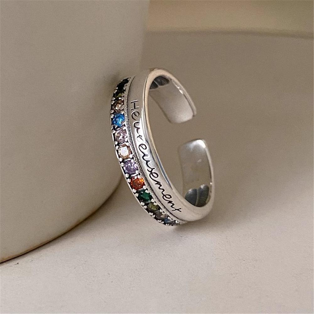 Cute Female Rainbow Initial Zircon Stone Adjustable Open Leter Ring Vintage Silver Color Wedding Fashion Jewelry For Women