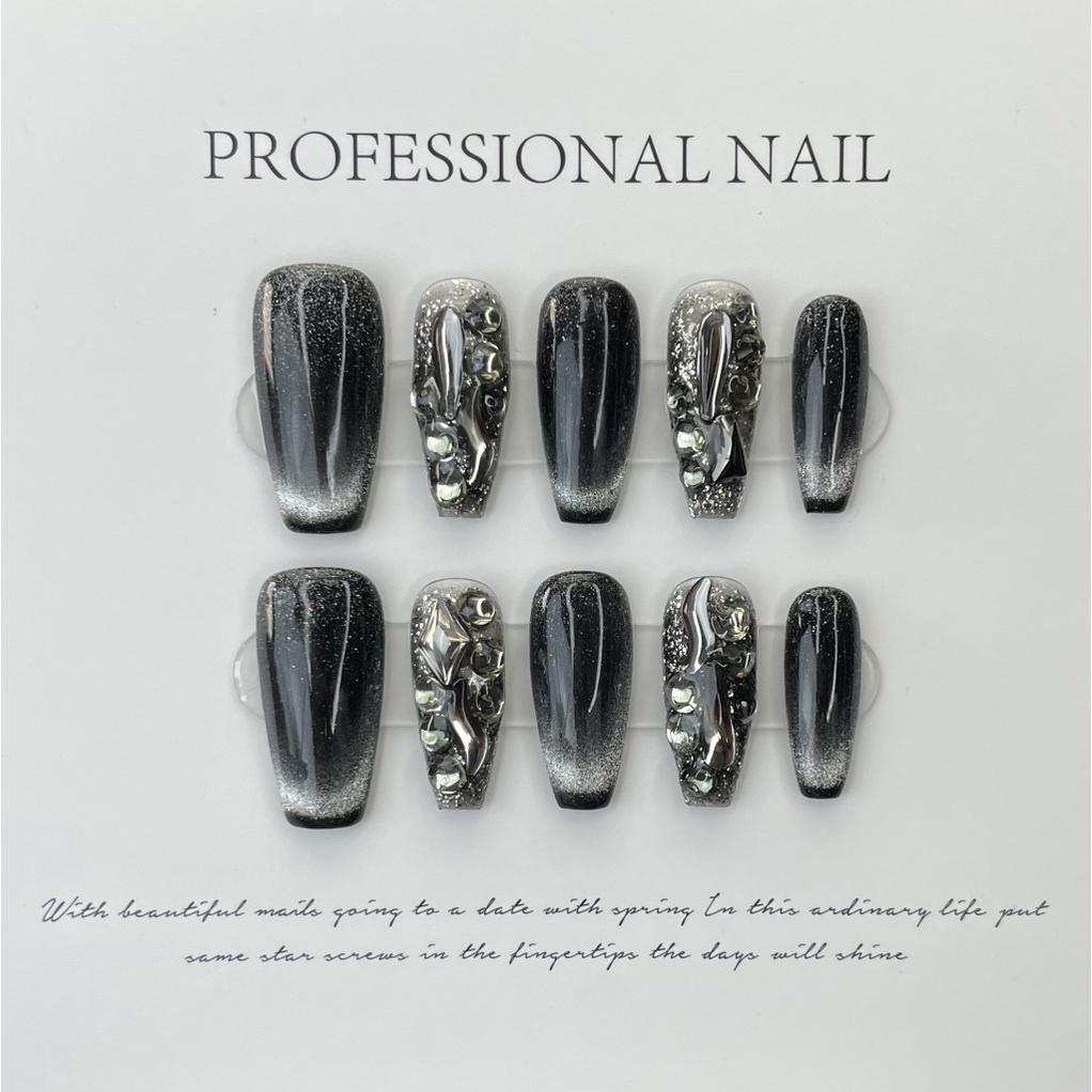 Набор накладных ногтей «кошачий глаз» РУЧНОЙ РАБОТЫ с клеем, полный бриллиантов, белые и темные нишевые черные накладные ногти