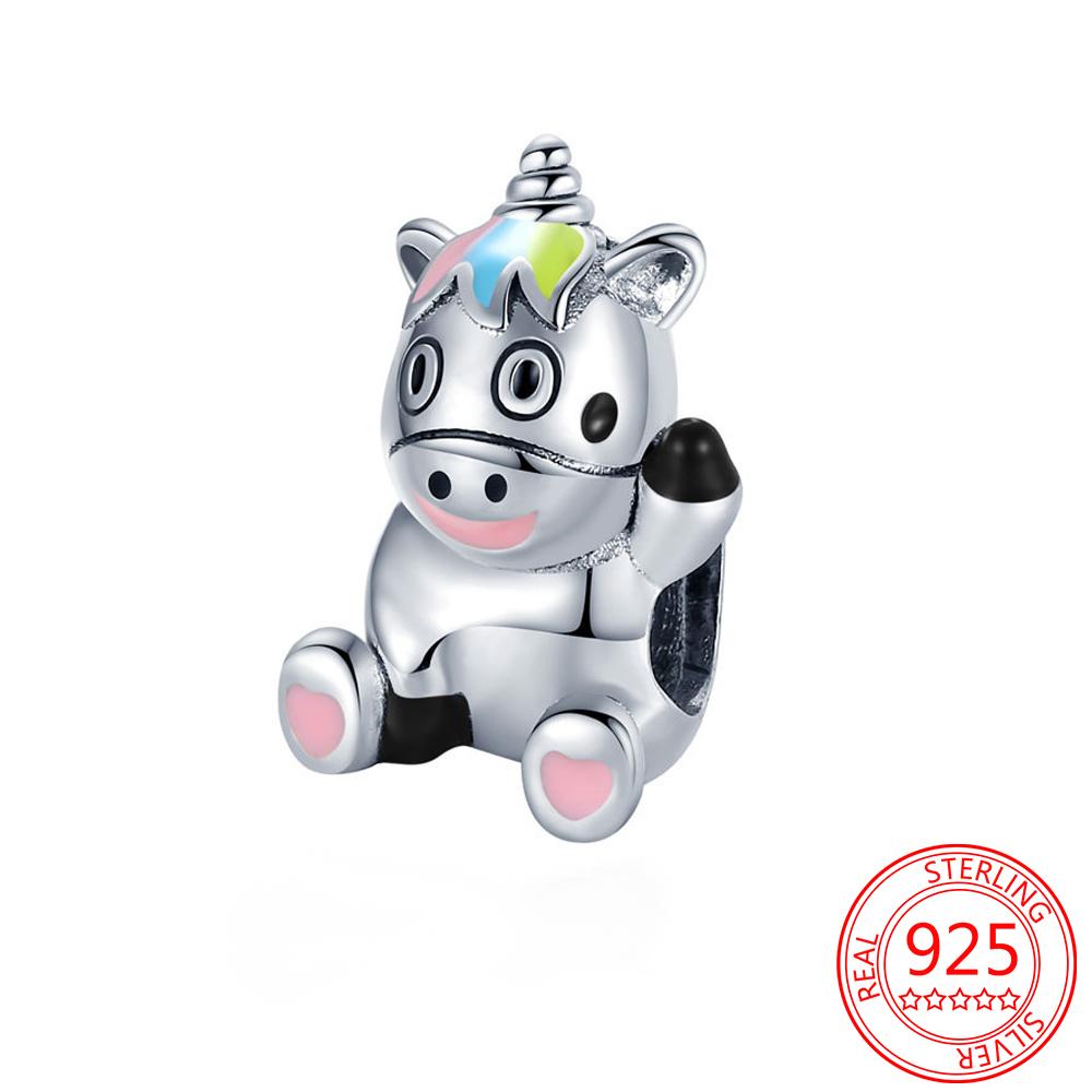 Gorgeous 925 Sterling Silver Black Pink Enamel Heart-shaped Unicorn Charm Fit Fashion Bracelet DIY Gift Jewelry Women