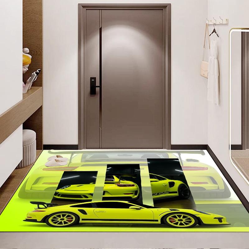 Lime Yellow Tuned Sport Car Multi‑View Panel Print Area Rug Non‑Slip Rectangular Floor Mat Auto Fan Decor for Gaming Bedroom Living Room