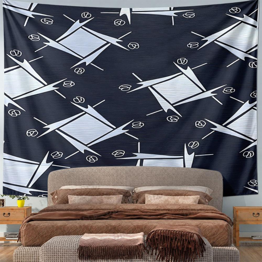 Abstract Geometric Pattern on Dark Blue Pattern Wall Hanging Tapestry Decorative Tapestry Home Decor for Bedroom and Living Room