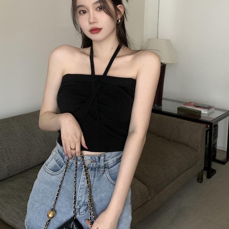 Летний новый маленький подтяжки халтер шея сексуальный завязывающийся бандо спинки поверх топа носить горячая девушка короткий вязаный жилет