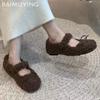 Женские туфли Мэри Джейн с бантом на плоской подошве на меху, элегантные туфли на плоской подошве, модная зимняя обувь 2025 года, трендовые короткие плюшевые повседневные новые женские туфли