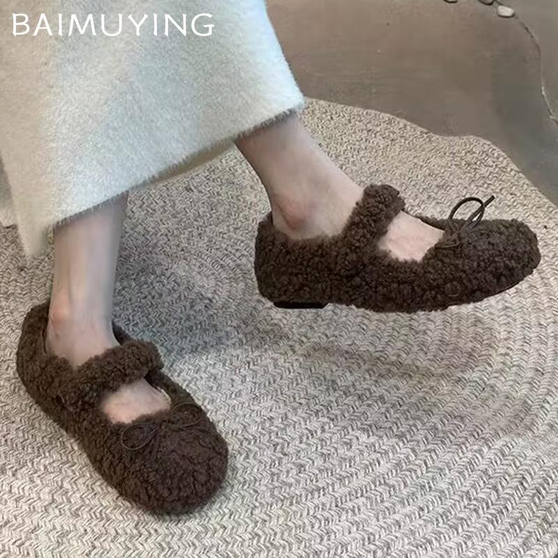 Женские туфли Мэри Джейн с бантом на плоской подошве на меху, элегантные туфли на плоской подошве, модная зимняя обувь 2025 года, трендовые короткие плюшевые повседневные новые женские туфли