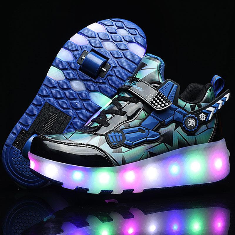 Двухколесные роликовые коньки, детская спортивная обувь с выдвижными автоматическими колесами, зарядка через USB, светодиодная спортивная обувь