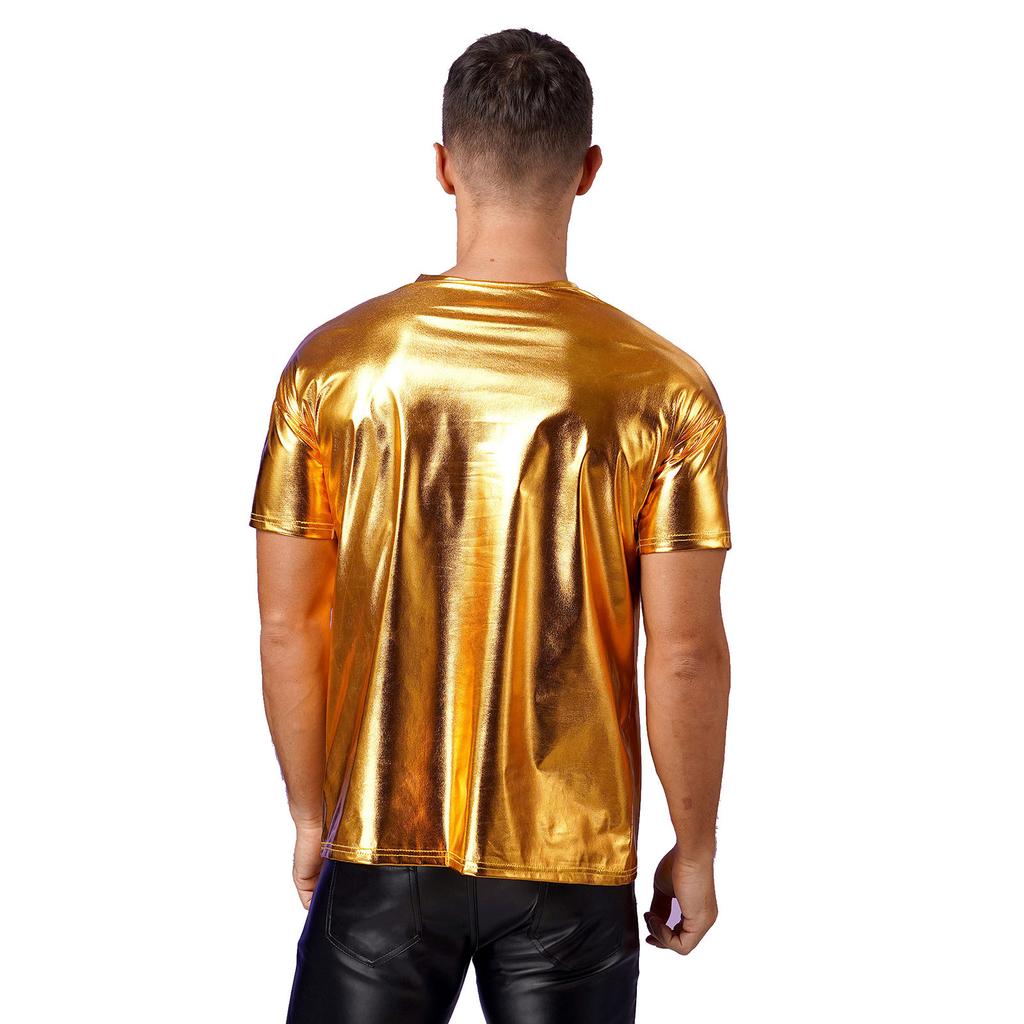 Мужской блестящий топ с металлическим отливом, круглым вырезом и короткими рукавами для клубных шоу или танцевальных вечеринок