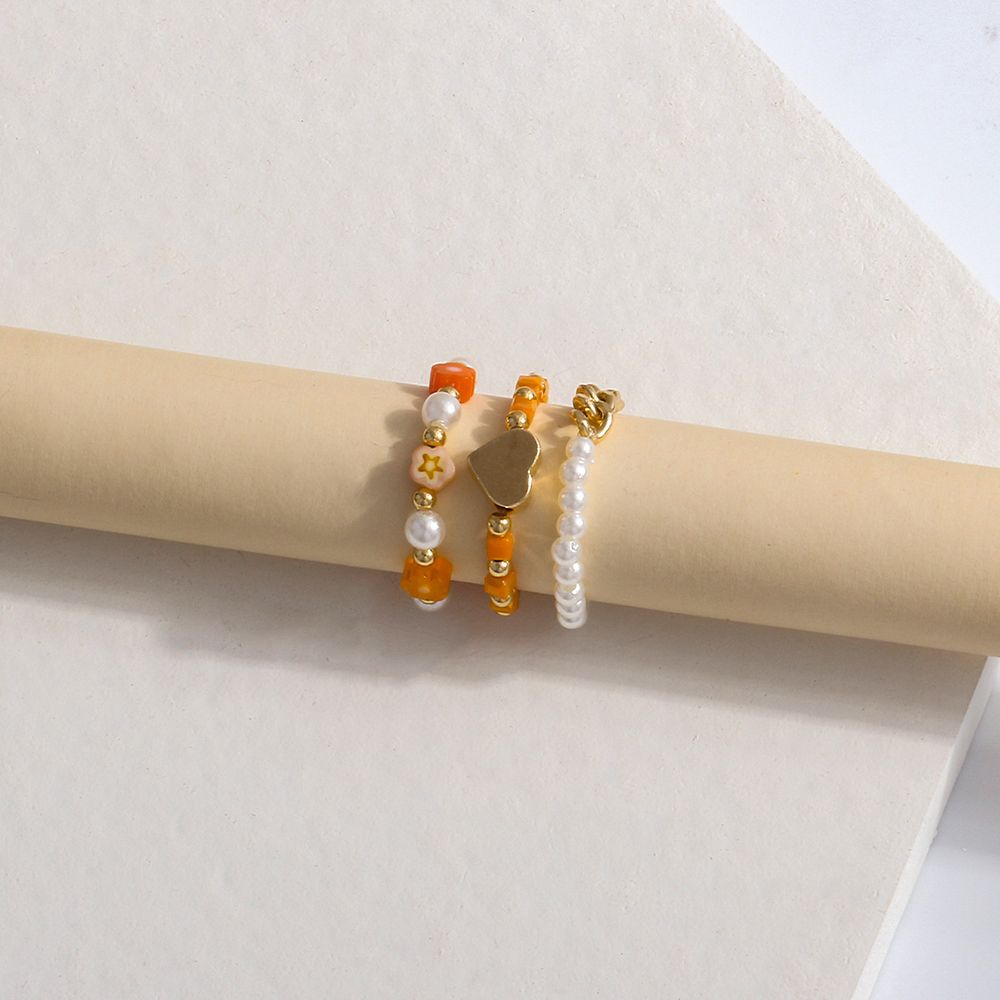 Cute Elastic Pearl Bohemia Love Heart Flower Party Jewelry Women Ring Finger Ring Set Beaded Rings
