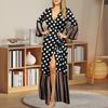 Women's Summer Wrap Maxi Dress Long Sleeve Deep V-Neck Dot Printed Lace Up Dress Split Flowy Beach Long Dress