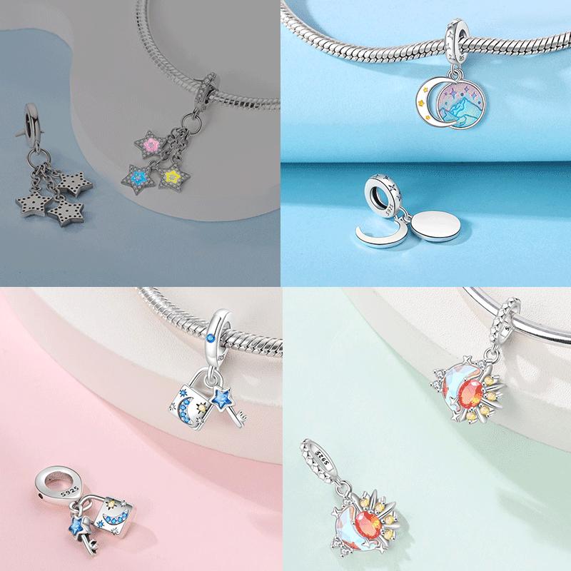 Шармы Сияющий Циркон Луна Планета Радуга Звезда Бусины Медная Подвеска Подходят для Оригинальных Браслетов Сделай Сам Женские Украшения Изысканный Подарок