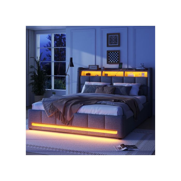 Lit - MUVOE - 140 x 200 cm - Rangement intégré - Éclairage LED - Prise USB