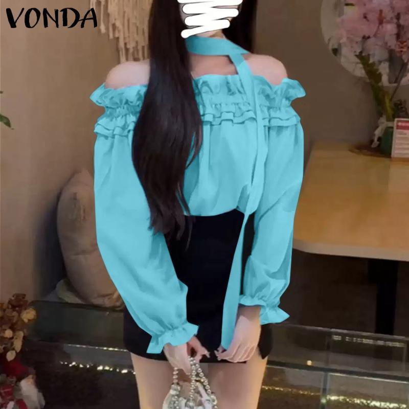 VONDA Женские летние блузки с открытыми плечами и оборками-фонариками с длинным рукавом