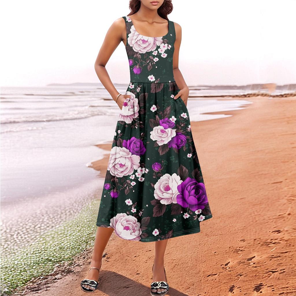 Women's  Summer Spring Casual Floral Sundress Sleeveless Beach Vacation Flowy Boho Tank Midi Dresses