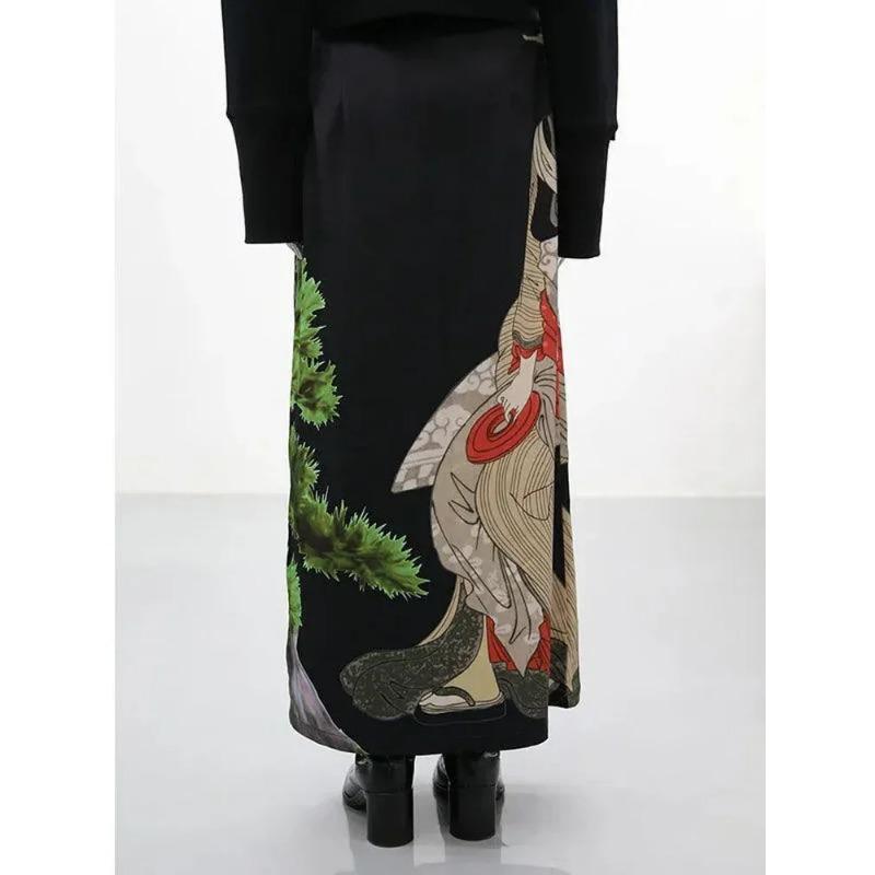 Skirts Tie Print Dye Black Womens Aline Split Long Skirt Harajuku Japanese Streetwear Gothic Faldas Largas Mujer 2024 Fairycore