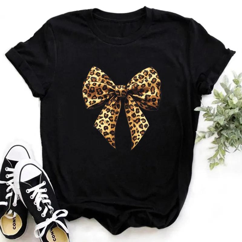 Fashion T-shirt Y2k Leopard Print Bow Tops Summer Short Sleeve Graphic T Shirts Clothing Unisex