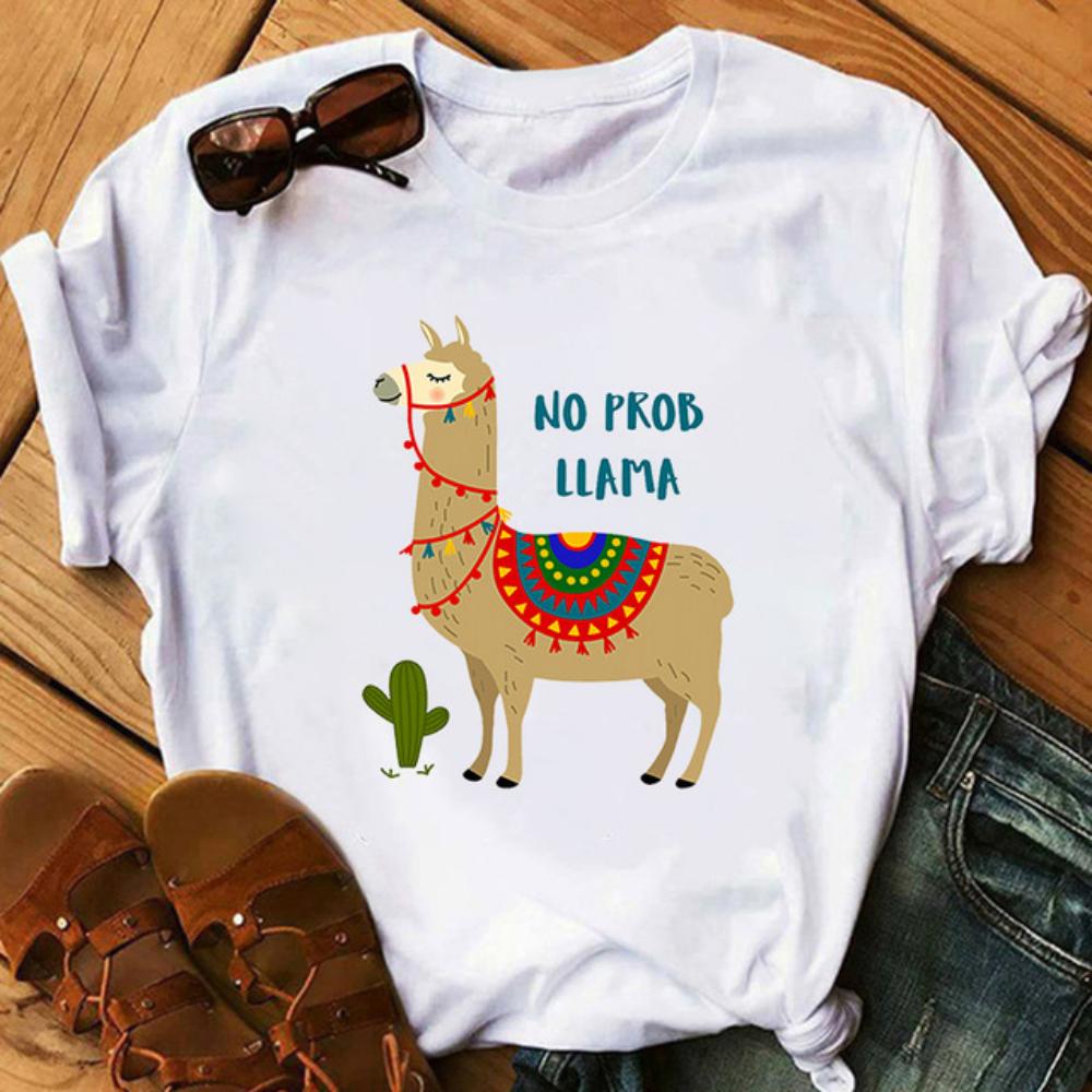 Funny Alpaca Lettering Art Women White Casual Loose Oversized Shirt Streetwear Daily Summer Tops Round Neck Durable Plus Size
