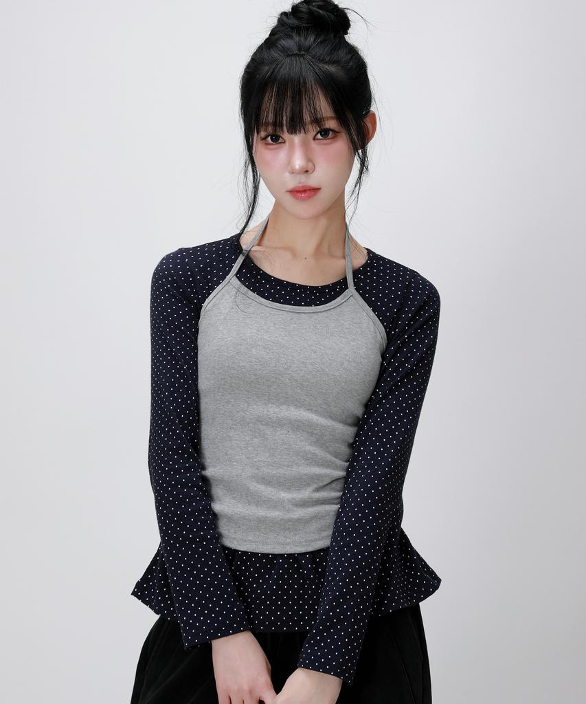 LIKE THE MOST [Short Sleeve Added] Dot Long Sleeve Halter Neck Sleeveless Layered Top Set_Navy Gray
