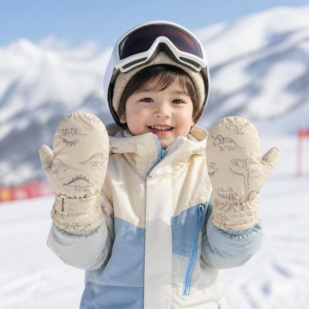 Windproof Cartoon Dinosaur Print Mittens Waterproof Winter Gloves Kids Skiing Snow Gloves Children