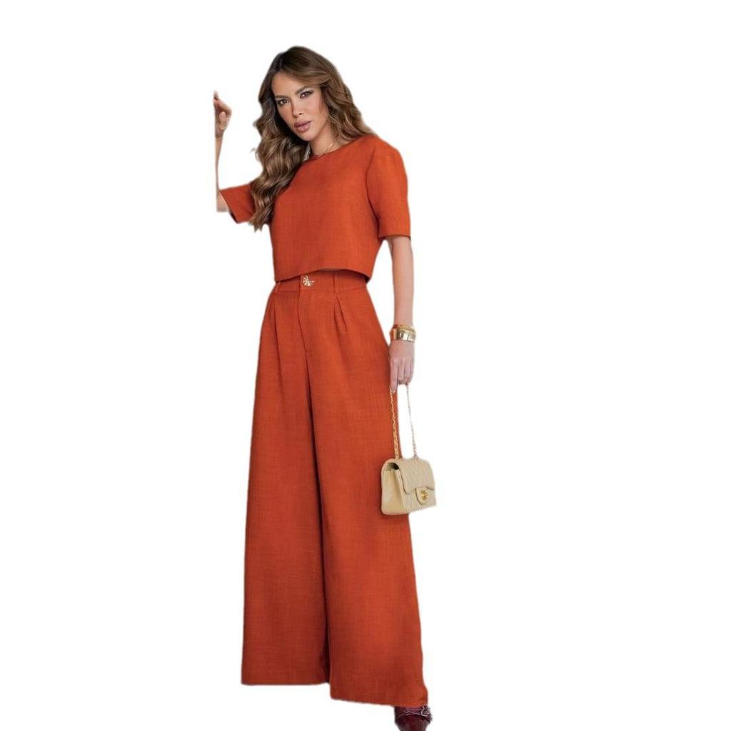 Лето 2024 Женский Европейский и Американский Комплект Топ с Круглым Вырезом и Брюки Клеш