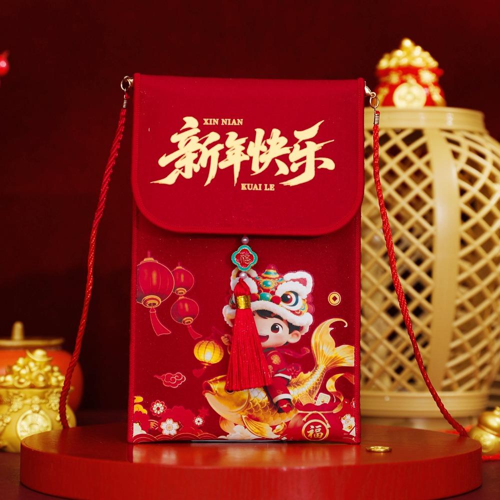 Traditional Chinese New Year Red Envelope Hongbao Brocade Embroidered God of Wealth Red Pocket with Rope Blessing
