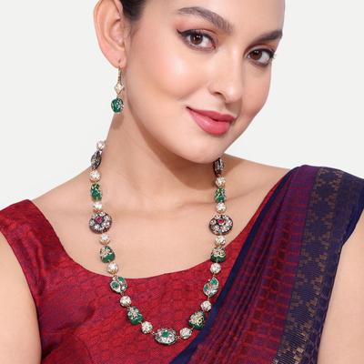 Королевский комплект ожерелья, комплект ожерелья с камнем Джайпури, ожерелье с зеленым изумрудом Джайпури, индийские свадебные украшения